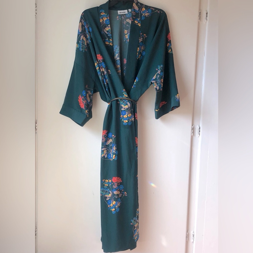 Weekday / H&M jade green wrap dress with jewel tone floral accents, size small